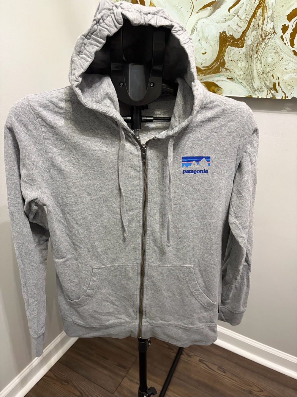 Patagonia Light Gray Full-Zip Hoodie with Blue Logo